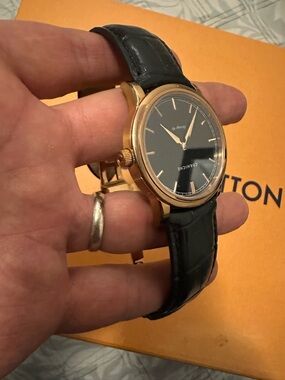 Corniche  Black Dial Watch with Rose Gold-Tone Case and Black Leather Strap